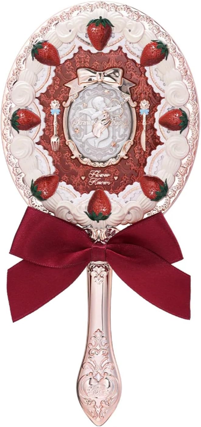 Flower Knows Strawberry Cupid Hand Mirror,Portable Vintage Handheld Mirror,Durable Metal Mirror,Cute & Aesthetic Princess Mirror,with Long Handle for Easy Holding,Gift for Girls(Red Velvet)