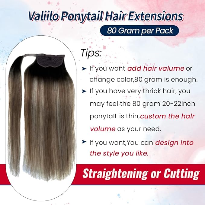 Ponytail Extension Human Hair Balayage Walnut Brown to Ash Brown with Bleach Blonde Highlights Ponytail Hair Pieces Clip in Wrap Around Pony Remy Hair Extensions for Women 14 Inch 80G #3T8P613