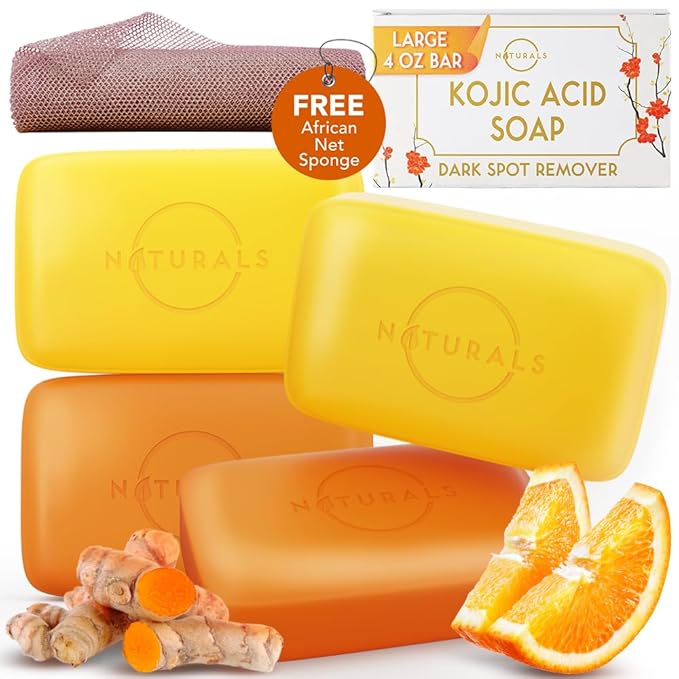O NATURALS 100% Natural Bar Soap - Gift Set - Organic Ingredients & Essential Oils - Spa Gifts for Women & Men, Body Wash & Face Soap - 4PC Kojic Acid Turmeric Soap