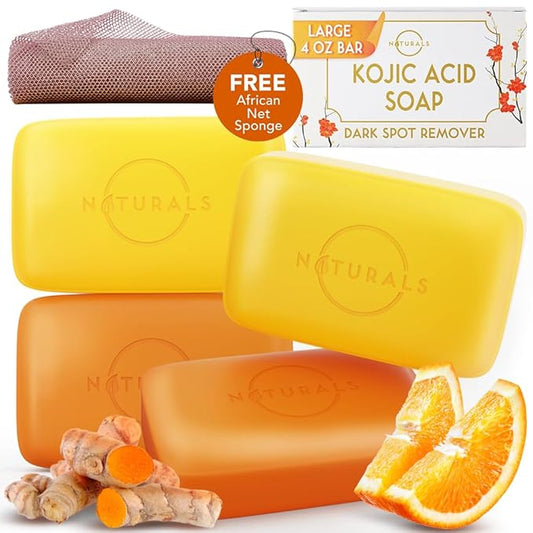 O NATURALS 100% Natural Bar Soap - Gift Set - Organic Ingredients & Essential Oils - Spa Gifts for Women & Men, Body Wash & Face Soap - 4PC Kojic Acid Turmeric Soap