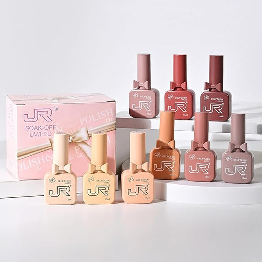 JR 9pcs 15ml gel nail polish set Including Red Pink Nude Gel Polish Kit UV LED Soak Off Polish Home DIY Gift B