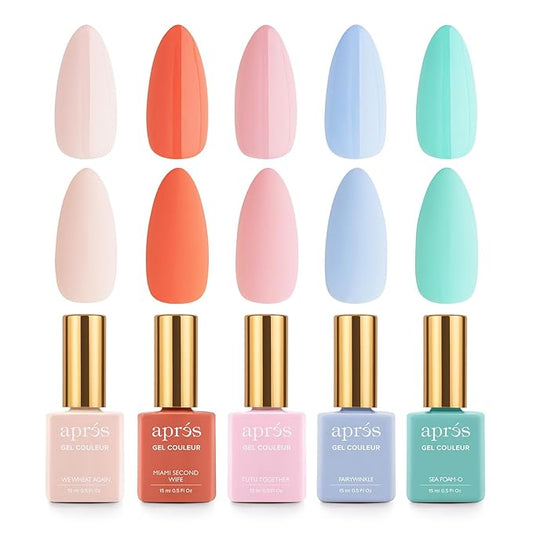 Apres Gel Couleur Combo Set, 5 Color Gel Nail Polish, Bright Nude Pastel Colors with Brush-X Nail Art Brush, 2024 Edition (Set 16)