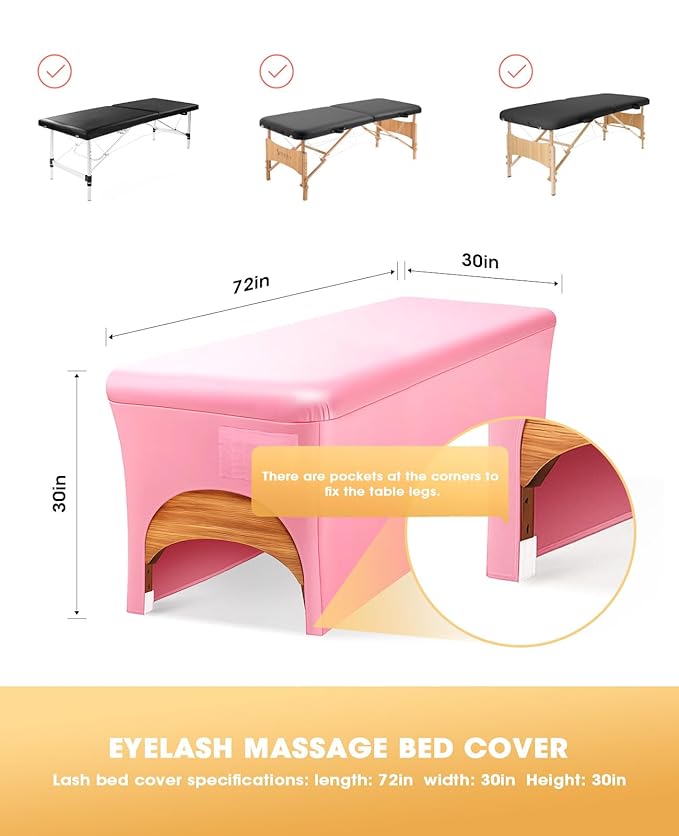 Onism Lash Bed Cover-Wipeable PU Leather Massage Bed Cover, Waterproof, Soft and Comfortable Spa Bed Cover with Storage Pocket for Eyelash Extension Bed Massage Bed Perfect for Salon Spa Home Use Pink