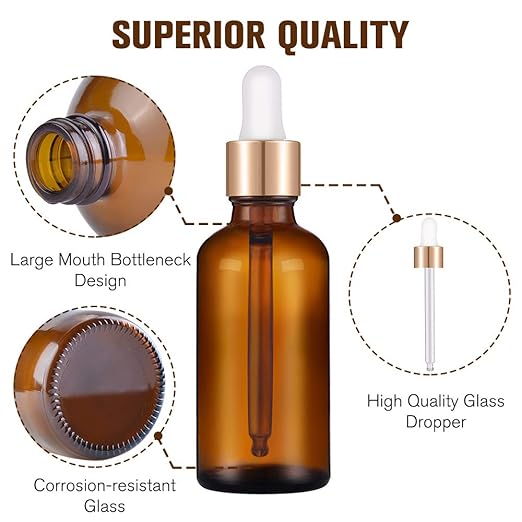 PrettyCare Eye Dropper Bottle 2 oz (12 Pack Amber Glass Bottles 60ml with Golden Caps, 24 Labels, Funnel & Measured Pipettes) Empty Tincture Bottles for Essential Oils