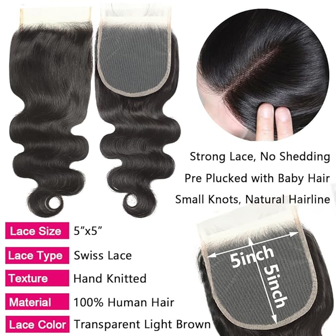 Body Wave Human Hair Bundles with Closure (24 26 28+20) 5x5 HD Closure with Bundles Human Hair 3 Weave 12A Brazilian 100% Unprocessed Virgin Weft Hair Free Part