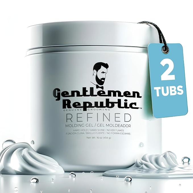 Gentlemen Republic Refined Hair Gel for Men 16oz - Professional Formula for 24 Hr Shine and Strong Hold, Humidity Resistant Styling Gel for hair, 100% Alcohol-Free and Never Flakes, Made in USA - 2pk