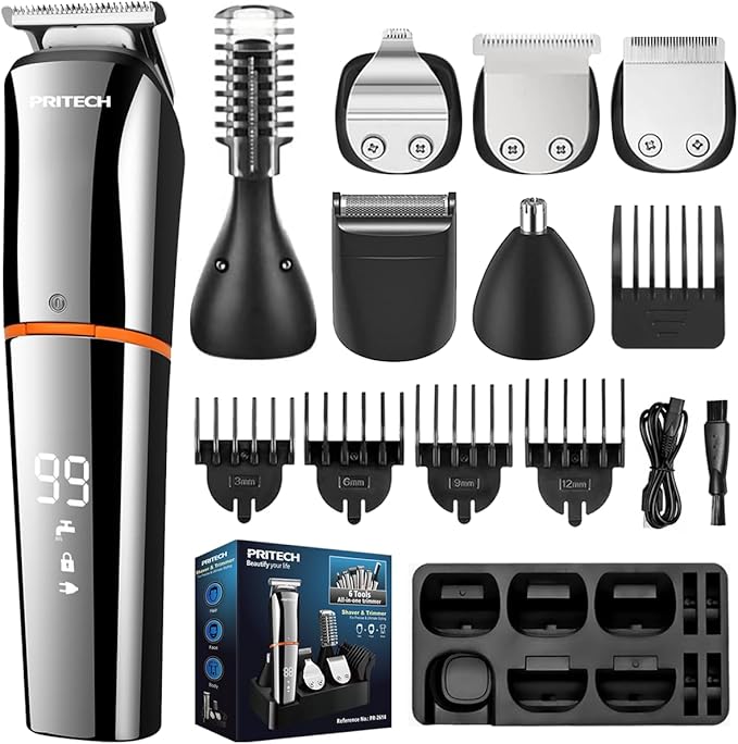 PRITECH Beard Trimmer for Men,6 in 1 Hair Clippers Kit, Precision Cordless Grooming Kit Waterproof IPX6 for Beard, Hair, Body, Nose, Ear, with Foil Razor (Silver)