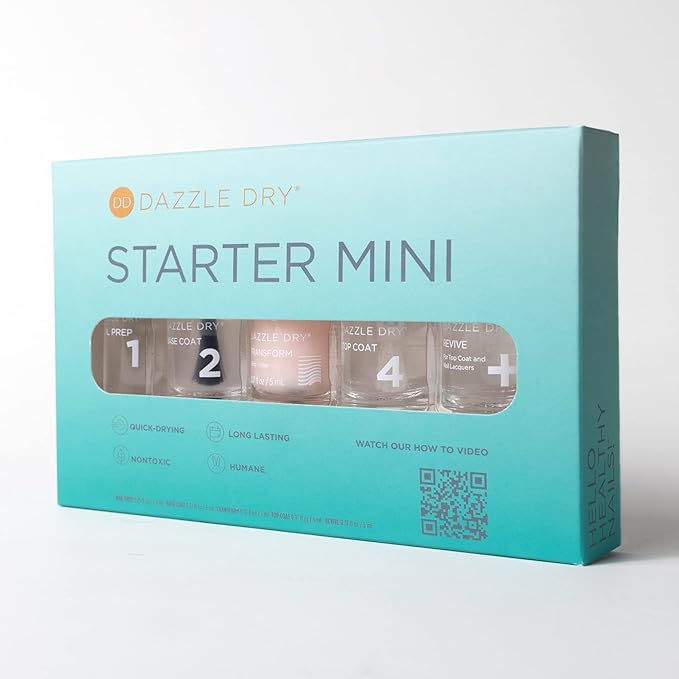 Dazzle Dry Complete Starter Mini Kit | Step 1 - Nail Prep, Step 2 - Base Coat, Step 4 - Top Coat, Transform - Ridge Filler & Revive - Polish & Top Coat Thinner.