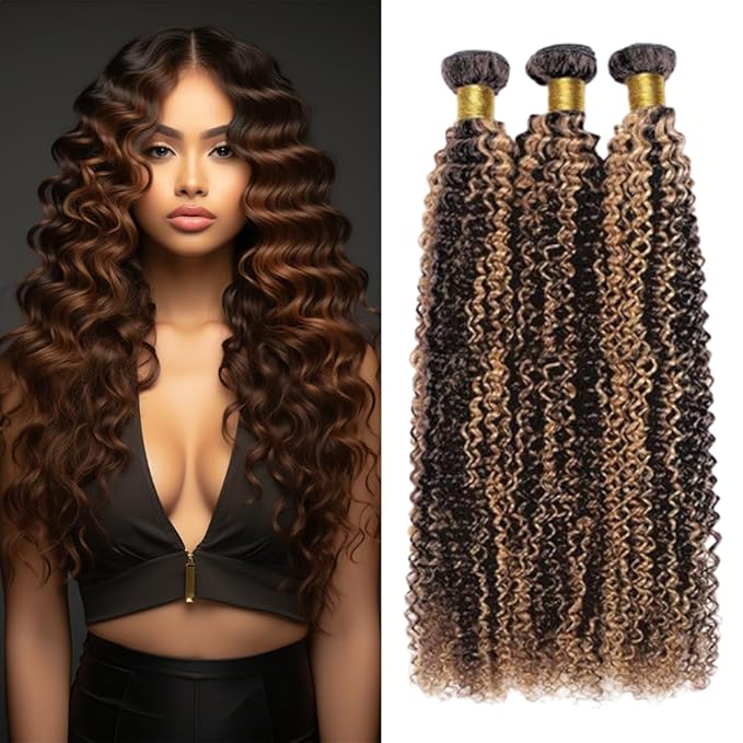 P1B/30 Highlight Kinky Curly Bundles Human Hair Black and Brown P1B30 Curly Bundles two tone Weave Extensions Brazilian Human Hair Soft and Silky for Black Women 24 26 28 Inch