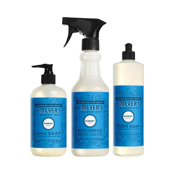 MRS. MEYER'S CLEAN DAY Blueberry Scent Variety Pack, Liquid Hand Soap 12.5 OZ, Multi-Surface Cleaner 16 OZ, Liquid Dish Soap 16 OZ, 1 CT