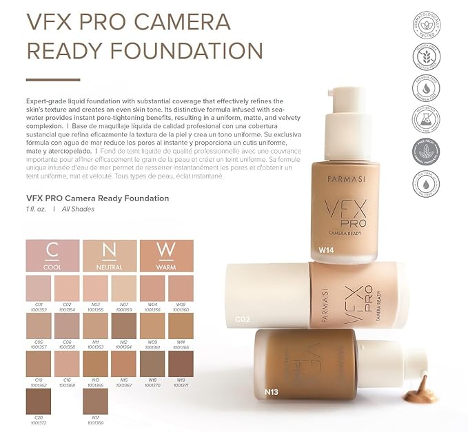 FARMASi Vfx Pro Foundation, Full Coverage Liquid Cream, Lightweight Long Lasting Coverage, Breathable Skin Moisturizer with Color True Matte Blending, Face Makeup, 1 fl. oz / 30 ml - Latte C20