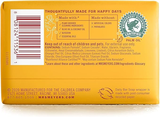MRS. MEYER'S CLEAN DAY Bar Soap, Use as Body Wash or Hand Soap, Made with Essential Oils, Clementine_, 5.3 oz, 4 Bars