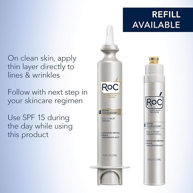 RoC Derm Correxion Fill + Treat Advanced Retinol Serum, Wrinkle Filler Treatment with Hyaluronic Acid for Crow's Feet, 11 Wrinkles, & Laugh Lines, (.5 fl oz) with Retinol Packette (Packaging May Vary)
