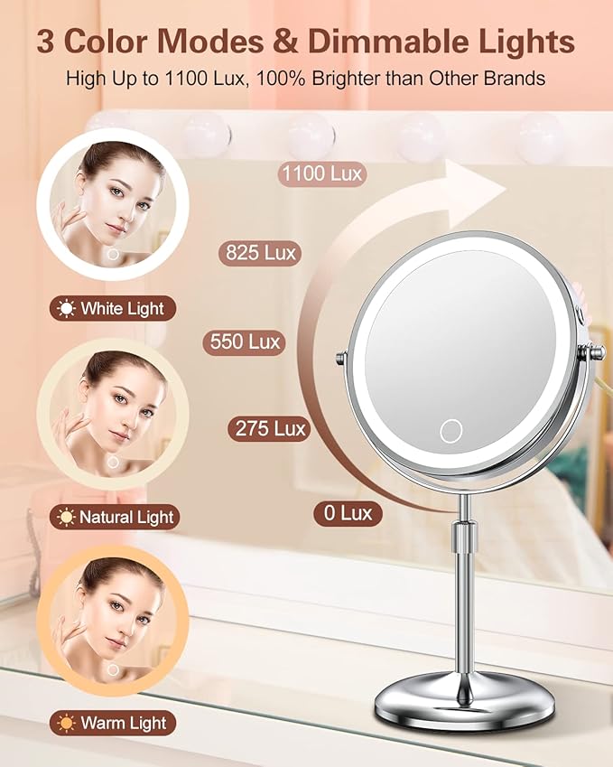 Benbilry Lighted Makeup Mirror with 10X Magnification & 3 Color Lights, Adjustable Brightness & Height, 7 Inch 360° Swivel Rechargeable LED Magnifying Make Up Mirror with Lighting (Silver)