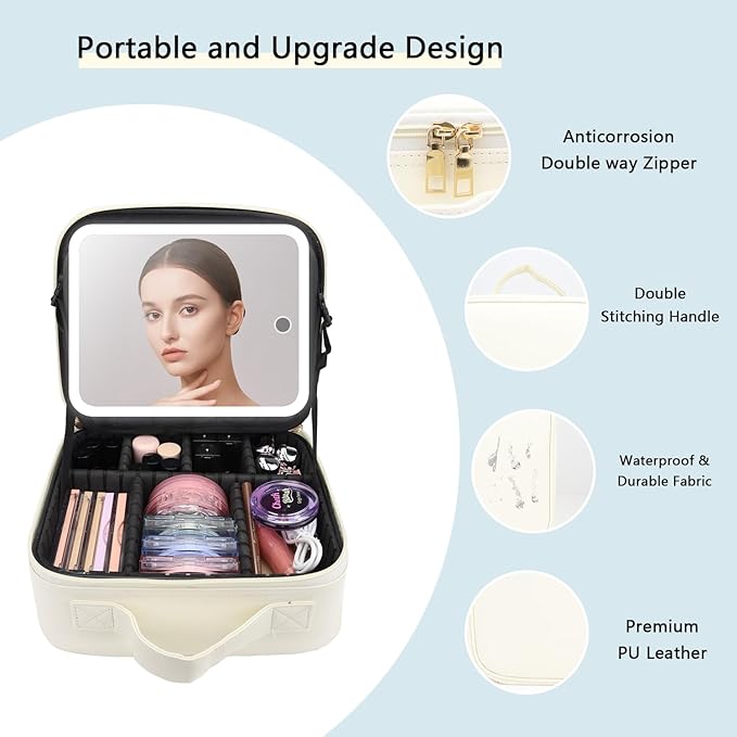 Travel Makeup Bag with LED Lighted Mirror,Cosmetics Organizer, Makeup Bag with 3 Color Lighted Setting, Portable Storage and Adjustable Dividers Travel Makeup Bag(White)