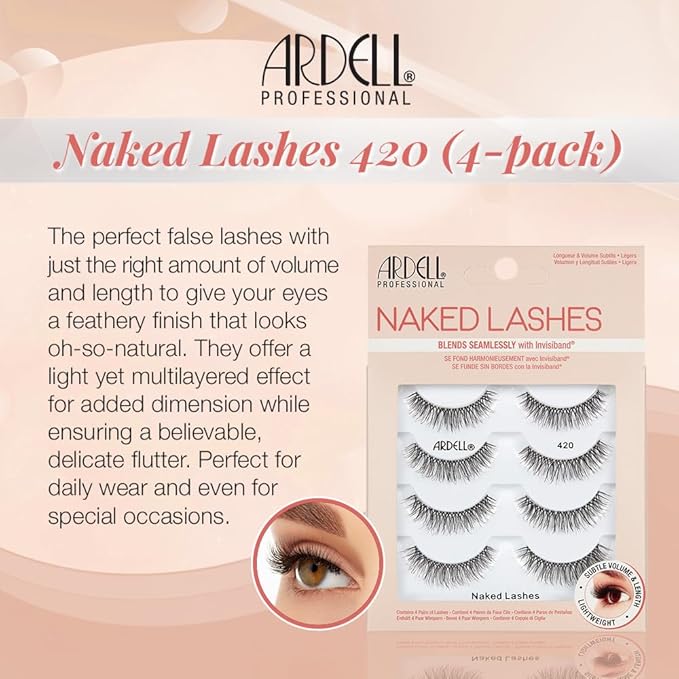 Ardell Naked Lashes 420 Multipack, Lightweight Natural Look, Invisiband for Comfort, Perfect for Everyday Wear, 4-Pairs, 1-Pack