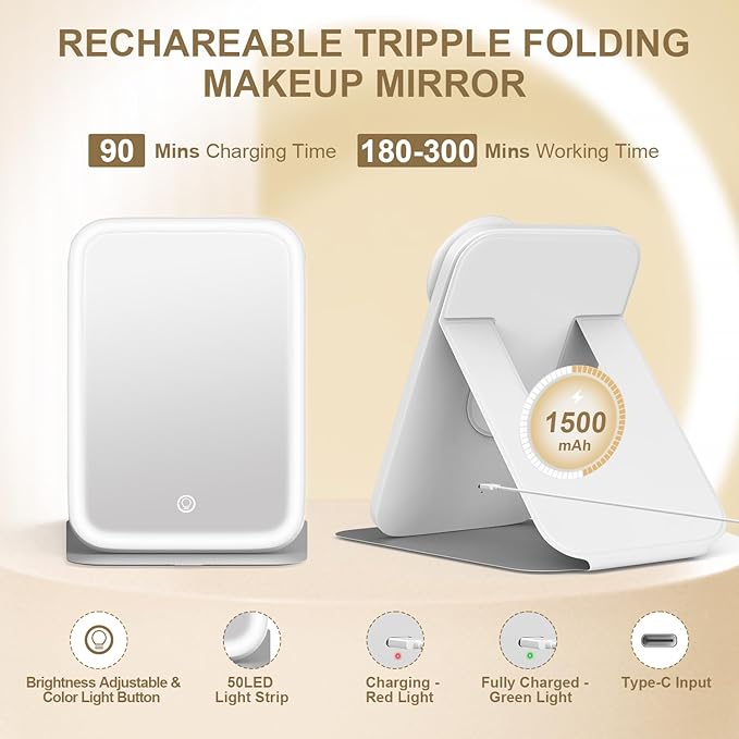 Mocado Travel Makeup Mirro with Lights, 360° Rotation Lighted Makeup Mirror, Portable Mirror with 10x Magnification, 60LEDs 3 Color Lightings, Dimmable Touch Screen, Tabletop Light up Mirror(White)