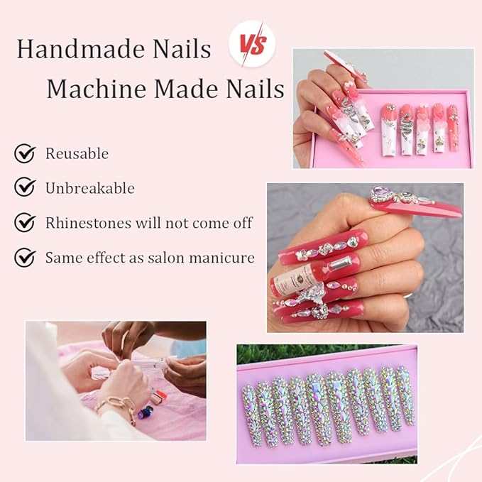 Handmade 3D Extra Long Tips Acrylic Rose Wine Bar Colorful Press On Nails,Salon False Nails with Design Nail Art Gifts for Women and Girls,Reusable Stick On Nails 10Pcs,Size M
