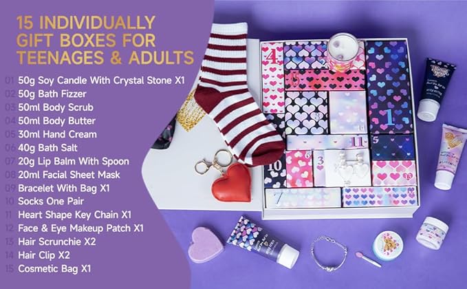 Mother's Day Gifts Surprise Advent Calendar Bath Box Spa Gift, 15 Days of Individually Boxed bath gift, Bath Spa Gifts Shower Skincare Kit, Spa Gift Set for Women