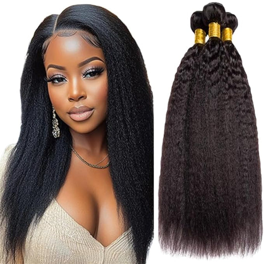 Color 1B Kinky Human Hair Bundles Black Yaki Straight Bundles #1B Brazilian Human Hair Extensions Soft and Silky for Women 18 20 22 Inch