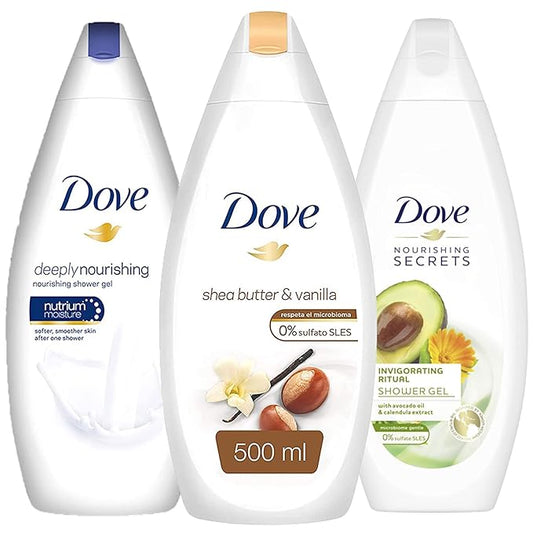 Dove Variety Pack Body Wash, Shea Butter, Glowing Ritual Lotus Flower, and Invigorating Ritual Avacado Oil for Pampering and Softening Skin, Natural Moisturizers, 16.9 Ounces Each, 3 Count