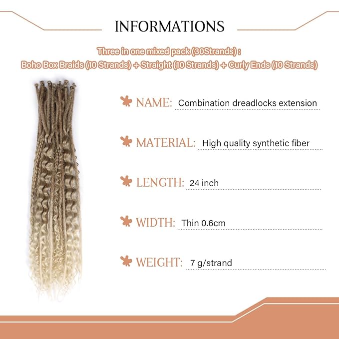 24 Inch 30 Strands SE Dreadlock Extensions Sets，3 In 1 Mixed Synthetic Dreads Extensions, Light Brown to Blonde Straight&Curly&Boho Handmade Dreads Hippie Style Dreadlocks for Woman
