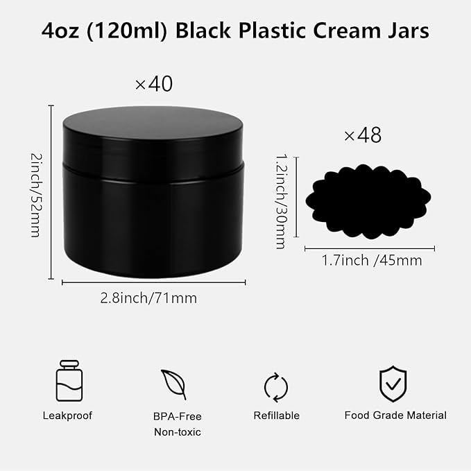Acrux7 40 Pack 4 oz Black Plastic Jars, Small Round Cosmetic Cream Jars with Lids & Labels, Refillable Plastic Cream Container 120 ml Leak Proof Travel Jars for Creams, Lotion, Body Butter, Body Scrub