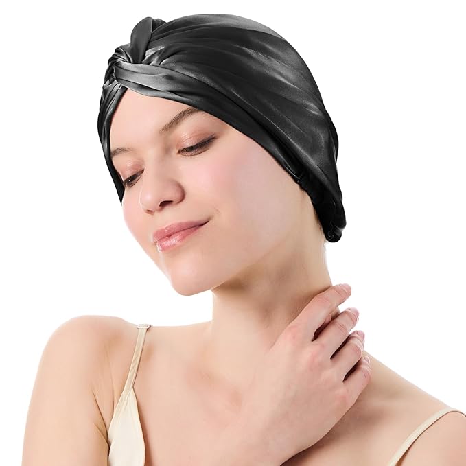 Silk Bonnet for Sleeping Women, 100% Mulberry Silk Sleep Cap with Elastic Band, Real Mulberry on Both Sides, Black