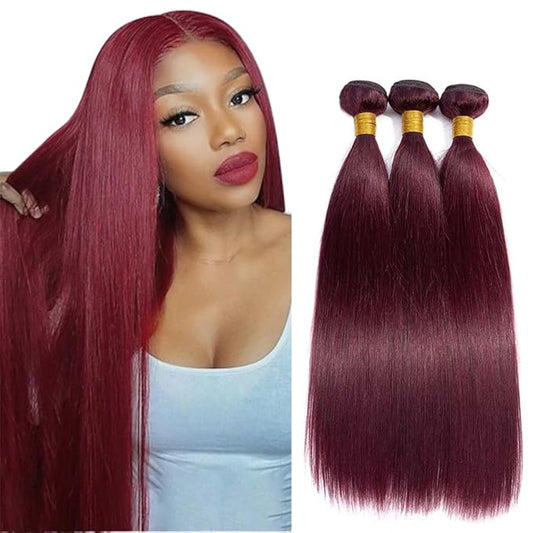 Color 99j Human Hair Bundles Straight Wine Red Burgundy Straight Bundles Brazilian Human Hair Weave Extensions Soft and Silky for Black Women 24 26 28 Inch
