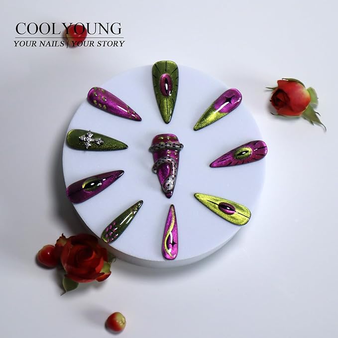 Handmade Nails, Press On Nails Green, Acrylic Press On Nails, Stiletto Nails, Stick On Nails For Women, Cats Eye Press On Nails, Snake Press On Nail, Woman Gifts, COOLYOUNG Nails, 10 PCS, Size L