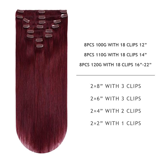 YILITE Hair Extensions Clip in Human Hair 8Pcs 120Gram/Pack Burgundy Silky Remy Human Hair Double Weft Straight Real Hair Extensions Clip ins Thick (18inches #99J Burgundy）