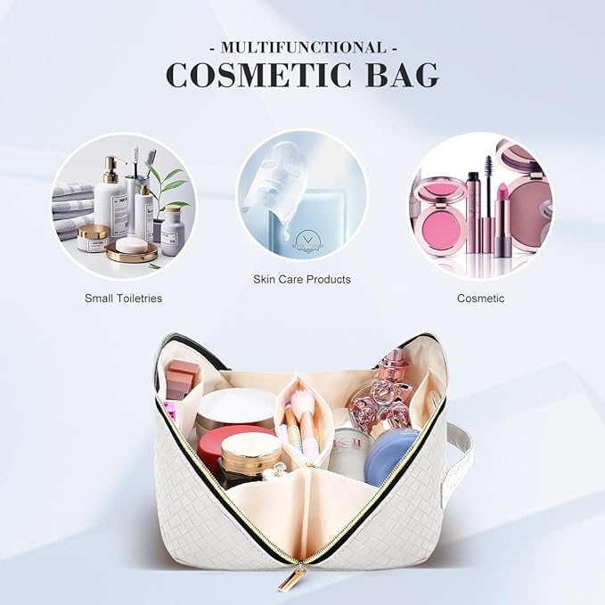 Travel Makeup Bag: Large Capacity Cosmetic Bag for Women, Portable PU Leather Waterproof Stuff Bag With Handle and Divider Flat Lay Makeup Pouch Toiletry Bag Birthday Gift for Women - White