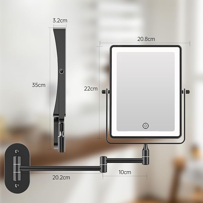 FASCINATE Rechargeable Wall Mounted Makeup Mirror, Bathroom Mirror Rectangle 8.7 Inch Double Sided 1X 10X Magnifying, 3 Color Setting, Extended Arm 360° Swivel Foldable Black