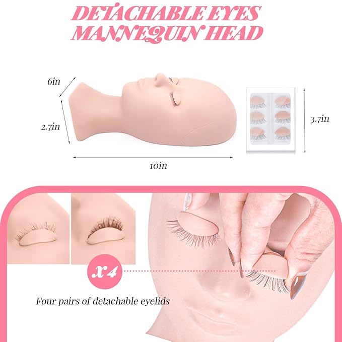 Lash Extension Kit Eyelash Practice for Beginners Professional Set with Mannequin Head Removable Eyelids USB Fan Spraye Individual False Lash Eyelash Strips Shampoo Brush Supplies