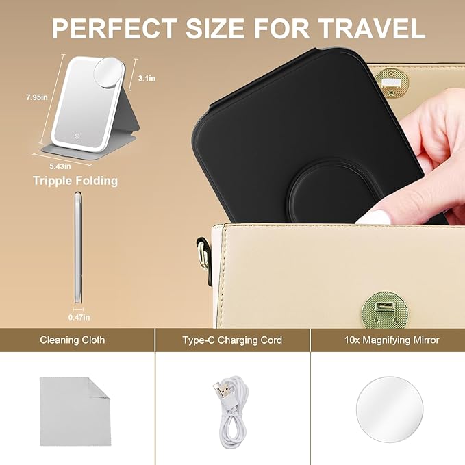 Mocado Travel Makeup Mirro with Lights, 360° Rotation Lighted Makeup Mirror, Portable Mirror with 10x Magnification, 60LEDs 3 Color Lightings, Dimmable Touch Screen, Tabletop Light up Mirror(Black)