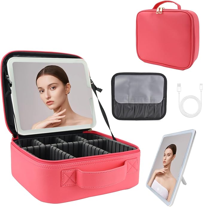 Travel Makeup Bag with LED Lighted Mirror,Cosmetics Organizer, Makeup Bag with 3 Color Lighted Setting, Portable Storage and Adjustable Dividers Travel Makeup Bag(light red)
