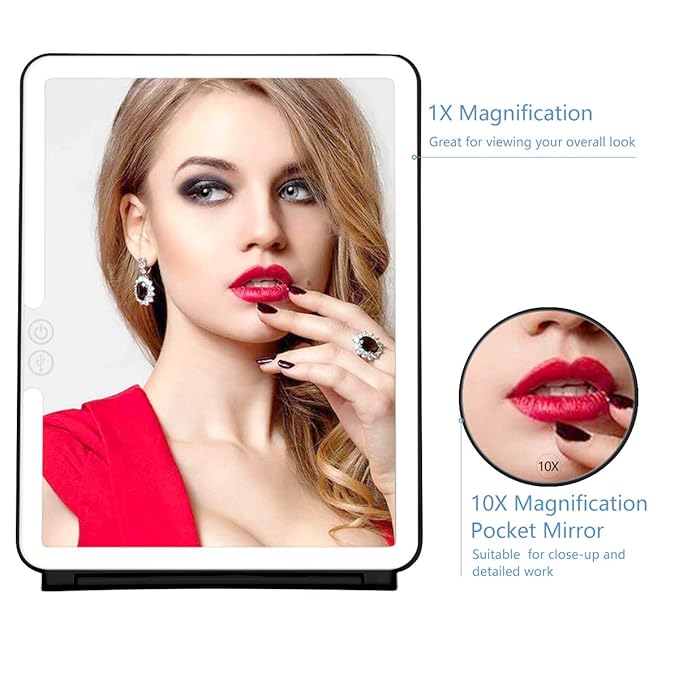 KEDSUM 10x Large Lighted Makeup Mirror, LED Travel Mirror with Lights, Compact Vanity Mirror with Touch Screen Dimming, 1x/10x Magnifying Mirror, Brightness Adjustable