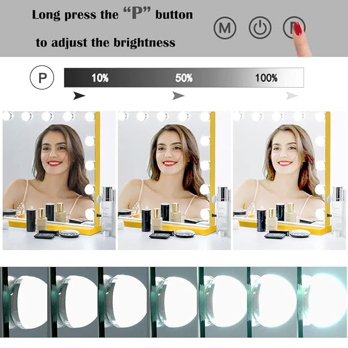 22.8"x 18.1" Vanity Mirror Makeup Mirror with Lights,10X Large Hollywood Lighted Vanity Mirror with 15 Dimmable LED Bulbs,3 Color Modes,Touch Control for Bedroom,Tabletop or Wall-Mounted