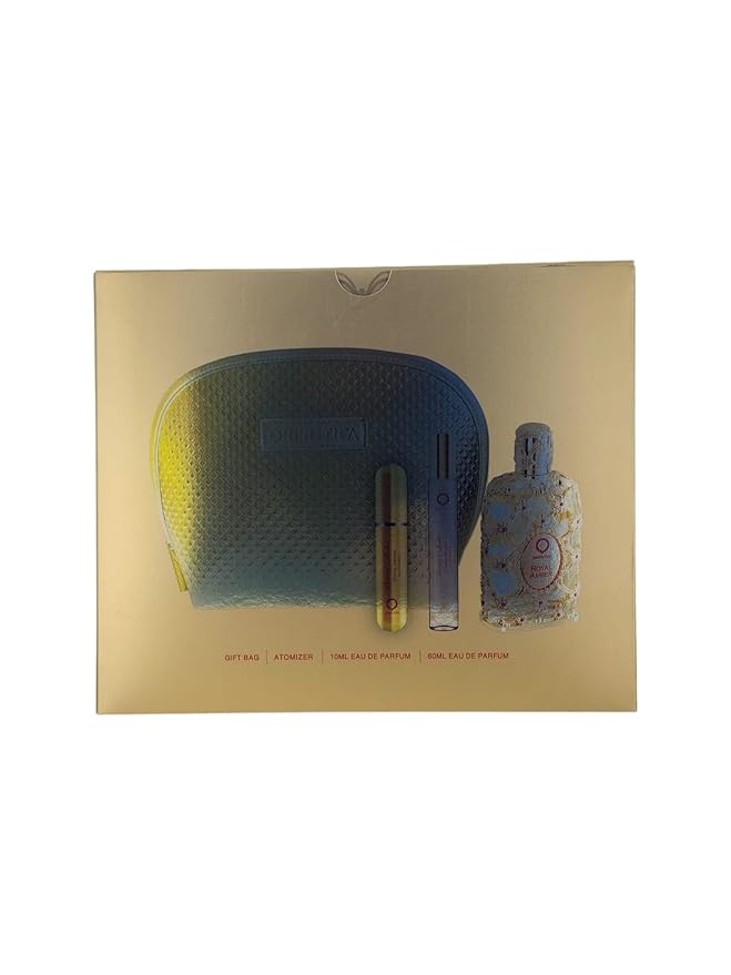 Orientica Al Haramain Royal Amber 4-Piece Set for Unisex, (2.7 Oz Eau De Parfum Spray + 0.34 Oz Eau De Parfum Travel Spray + Atomizer + Bag) Luxury Collection