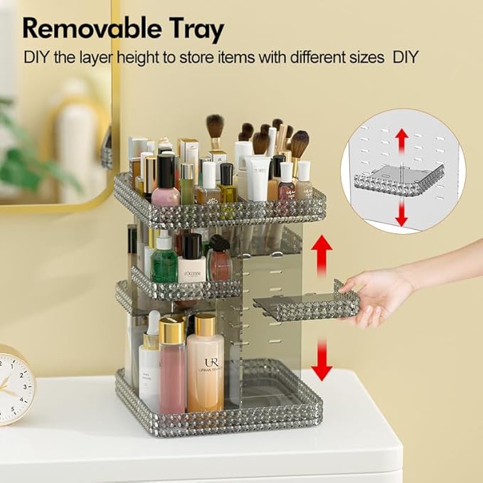 Makeup Organizer 360 Rotating Cosmetic Organizer, DIY Adjustable Makeup Carousel Spinning Holder Rack, Large Capacity Cosmetic Display Cases Vanity Countertop Fits Makeup Brushes Lipsticks (Grey)