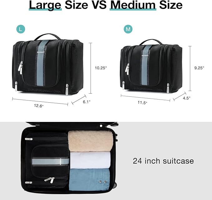 BAGSMART Extra Large Toiletry Bag Hanging Toiletry Bag for Travel, Water-resistant Cosmetic Makeup Travel Bag, Capacity Travel Bag Organizer for Full-size Toiletries, Black-Large