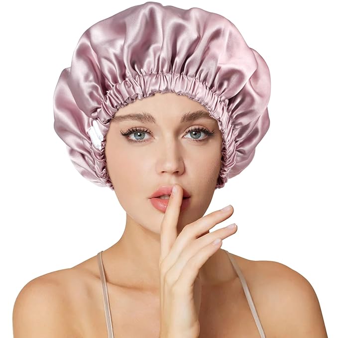 22 Momme 100% Mulberry Double Silk Bonnet for Sleeping Women Double Layer Lined Stay On Head for Hair Care with Adjustable Elastic Band Non-Slip Silk Turban Curly Hair Silk Hair Cap Dusty Pink