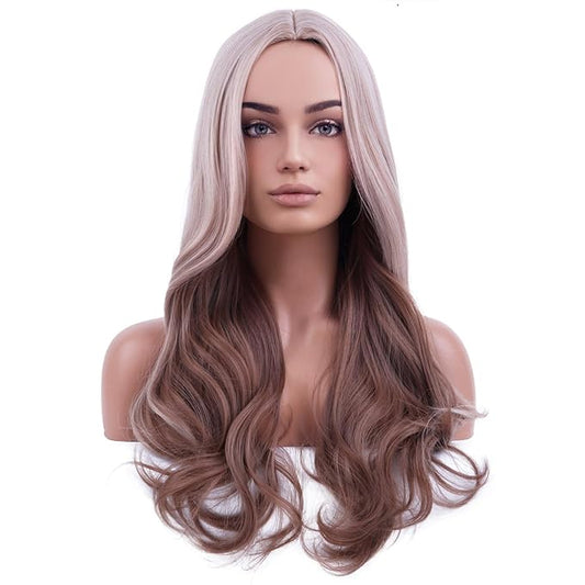 BERON Blonde Mixed Wigs Long Wavy Wig for Women Brown Blonde Curly Heat Resistant Synthetic Hair Wigs for Daily Use with Wig Cap