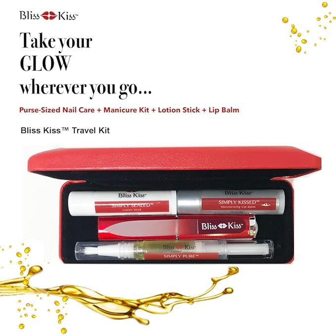 Bliss Kiss Nail Travel Manicure Kit - Great Gift Idea - Easy carry, to-go case to care for your nails, skin, and lips - Hydrating Nail and Cuticle Oil, Lotion Stick, Crystal Nail File, Lip Balm