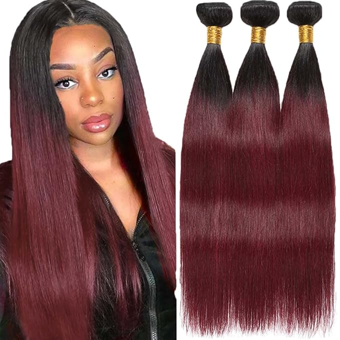 Straight Bundles Burgundy Human Hair 1B99j Straight Bundles Black Mixed With 99j Two Tone Brazilian Human Hair Extensions Wet and Wavy Soft Silky for Black Women 22 24 26 Inch