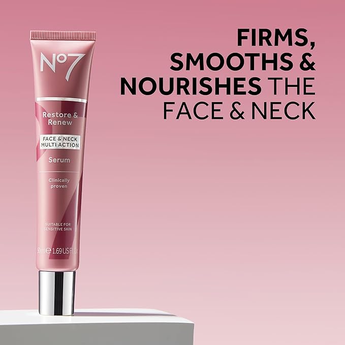 No7 Restore & Renew Face & Neck Multi-Action Serum - Collagen Peptide Anti-Aging Facial Treatment - Hyaluronic Acid Hydrating + Pro Retinol Skin Firming Hibiscus Peptides (2 Pack, 1.69 Fl Oz Each)