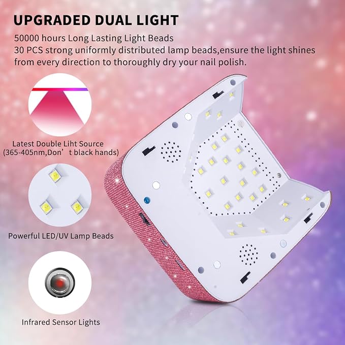 Cordless UV LED Nail Lamp,72W Rechargeable Nail Dryer Gel Polish Light with Large LCD Display,Rechargeable Nail Curing Lamp for Salon & Home (Rose Red Diamond)