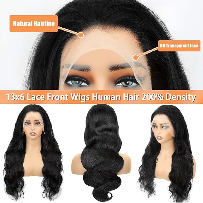 32 Inch 13x6 HD Lace Front Wigs Human Hair Body Wave Lace Front Wigs Human Hair Pre Plucked with Baby Hair 200 Density Glueless Human Hair Wigs for Women Natural Black Color