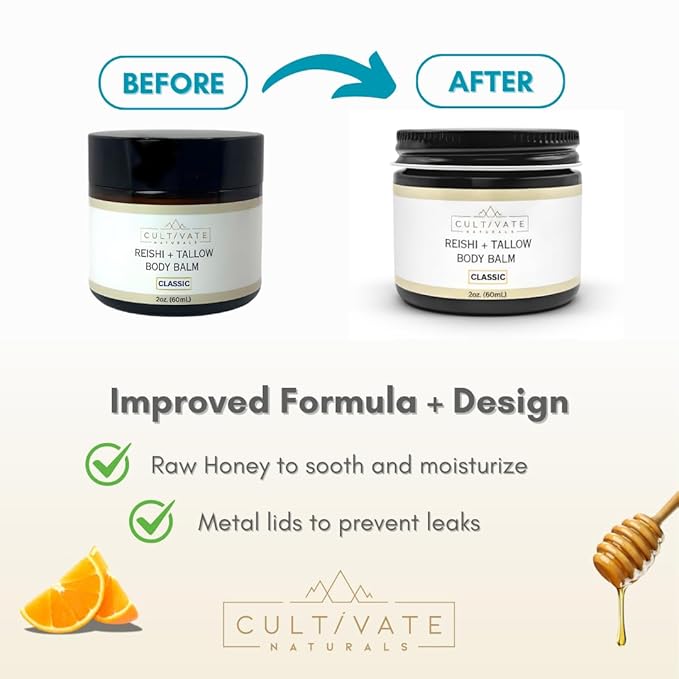 Reishi Tallow Body Balm - Classic Citrus (2 oz) | Grass Fed Beef Tallow - Non-toxic, Paleo Friendly Skincare | Infused with Reishi Spore Extract | Moisturizing & Hydrating for All Skin Types