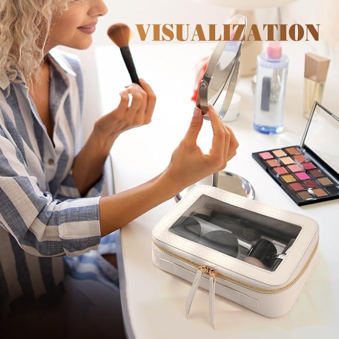 Clear Makeup Bags TSA Approved Toiletry Bag Handle Large Opening,Clear Toiletry Bags for Carry-on Traveling Travel Car Accessories Essentials Organziation Storage for Women Girls(Off White, Middle)